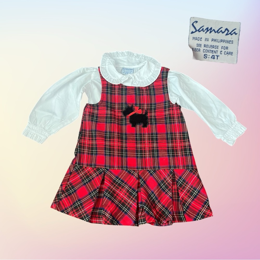 Y2K SAMARA 2 Piece Long sleeve white top & red/black plaid dress w/schnauzer sz4